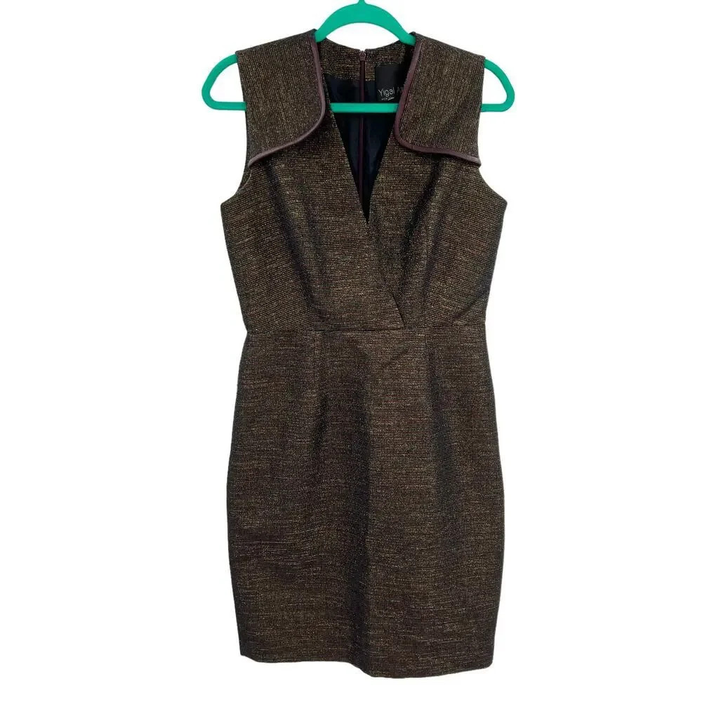 Yigal Azrouel Metallic Leather Trim Sheath Dress Size 6